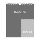 Text: "46 × 55 cm", "DIN A4". 

Spiralbindung oben, dunkle Fläche mit kleiner, hellerer Ecke rechts.