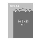 Text "DIN A4" oben, "16,5 × 23 cm" in der Mitte. Eine Illustration zeigt die kleinere Fläche auf einem A4-Blatt.