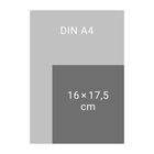 Ein grauer Rahmen mit der Aufschrift "DIN A4", innen dunkleres Rechteck "16×17,5 cm".