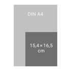 Aufschrift "DIN A4" und "15,4 × 16,5 cm". Ein graues Rechteck überlagert ein anderes.