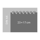 "DIN A4" und "23×17 cm". Illustration eines Kalenderformats mit Spiralbindung im Vergleich zu DIN A4.