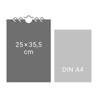 Links: "25 × 35,5 cm". Rechts: "DIN A4". Vergleich von zwei Rechtecken mit Ringbindung oben links.