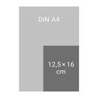 Oben "DIN A4", darunter ein kleineres Rechteck mit "12,5×16 cm". Unterschiedliche Grautöne.