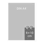 Text "DIN A4" und "8 × 10 cm" auf grauem Hintergrund. Ein kleinerer Bereich überlappt mit Eckenring.