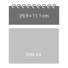 Oben "29,9×11,1 cm" und unten "DIN A4". Spiralbindung über dem dunkelgrauen Rechteck, darunter ein hellgraues.