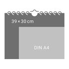 Oben steht "39 x 30 cm", darunter "DIN A4". Oben ist ein spiralförmiger Haken. Eine minimalistische Illustration.