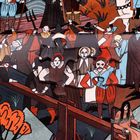 Illustration mit mittelalterlich gekleideten Menschen, die auf einem Gerüst einer Hinrichtung zusehen. Puzzle-Teile überlagern das Bild.