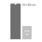 Text: "23 × 80 cm", "DIN A4". Graue Illustration eines langen Rechtecks neben einem kleineren, das DIN A4 darstellt.
