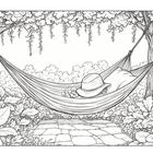 Eine Illustration zeigt eine Hängematte zwischen zwei Bäumen mit einem Hut und Blumen darauf. Darunter ist ein Gartenweg.