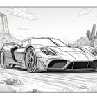 Illustration eines schnellen Autos in einer Wüstenlandschaft, mit Kakteen und Bergen im Hintergrund.