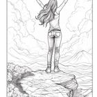 Eine Person steht auf einem Felsen, die Arme in die Luft gestreckt, mit Blick auf Berge und Wolken.