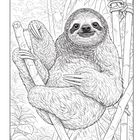 Illustration eines Faultiers, das an einem Baum hängt, umgeben von Blättern und Zweigen.