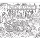 Eine detaillierte Illustration eines berühmten Doms, mit einem großen Platz, Wasserfontäne, Marktständen und einem Tisch im Vordergrund.