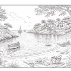 Illustration eines idyllischen Strandes mit Booten, Häusern, Palmen, Liegestühlen und einer Picknickdecke im Vordergrund.