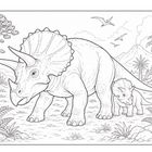 Illustration eines großen Dinosauriers mit Horn und Schild sowie eines kleinen, umgeben von prähistorischen Pflanzen.