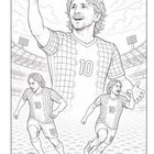 Die Zahl "10" ist auf drei Fußballtrikots zu sehen. Illustration eines jubelnden Fußballspielers im Stadion.