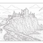 Illustration: Eine Burg thront auf Klippen über dem Meer. Ein Pfad führt entlang der Küste, zwei Personen spazieren darauf.