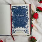 "NEW MOON" und "STEPHENIE MEYER" auf einer blauen floralen Buchseite, von roten Rosen umgeben.