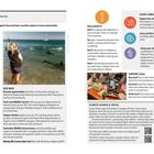 **Texte im Bild:**

- Tipps für verantwortungsbewusstes Reisen.
- Aboriginal-owned businesses, Electric vehicles, Buy from the artist.
- LEAVE A SMALL FOOTPRINT: Engine-free activities, Carry out the trash, Clean your shoes.
- DOS & DON'TS: Respect wildlife and Indigenous communities.
- SUPPORT LOCAL: Buy, Eat, Drink local.
- GIVE BACK: Volunteer options in Broome, Parks and Wildlife Service.
- CLIMATE CHANGE & TRAVEL: Minimize air travel impact, UN Carbon Offset Calculator.
- RESOURCES: Websites für weitere Informationen.

**Bildbeschreibung ohne Text:**

Links ein Mann im Wasser mit Delfinen, rechts ein Restauranttresen mit lokalen Produkten.