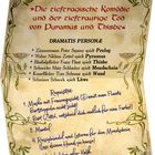 Titel: „Die tieftragische Komödie und der tieftraurige Tod von Pyramus und Thisbe“. Liste von Rollen und Requisiten im viktorianischen Stil.