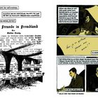 Links: „An die Freunde in Fremdland von Stefan Zweig“. Rechts: Illustration von einem Mann an einem Schreibtisch, Textblasen.