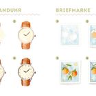 Links die Überschrift "ARMBANDUHR" über vier Uhren, rechts "BRIEFMARKE" über vier Orangenzweig-Motiven.