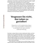 Vergessen Sie nicht, das Leben zu genießen! Prävention und eine optimistische Lebenseinstellung sind wichtig. Links vertikal: Programm für gesunde Gefäße.