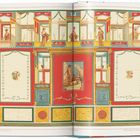 Illustration mit antiken Wandmalereien. Zentrale rote Fläche mit mythologischer Szene, dekorative Rahmen und Figuren.