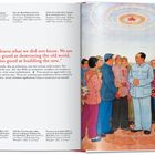 "We can learn what we did not know..." Daneben eine Illustration von Menschen in traditioneller Kleidung, die freundlich sprechen.