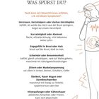 "Was spürst du?" Symptome von Panik beschrieben: Herzrasen, Atemnot, Engegefühl, Schwindel, Zittern, Übelkeit, Hitzewallungen.  
Illustration: Person hält Kopf, wellige Linien symbolisieren Stress.