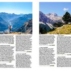 Texte beschreiben Wanderwege und Aussichtspunkte der albanischen Alpen, inklusive präziser Koordinaten und Höhenangaben. Links ein Wanderer auf einem Bergpfad mit weitem Tal unter blauem Himmel; rechts Panorama mit Bäumen und Bergen.
