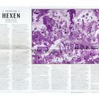 "Die Welt der Hexen" steht oben. Textpassagen beschreiben historische und kulturelle Aspekte. Rechts ist eine violette Illustration von Hexen, Bäumen und Gebäuden.