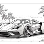 Illustration eines sportlichen Autos am Strand mit Palmen im Hintergrund.