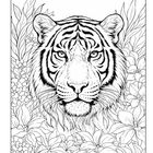 Ein Tigerkopf umgeben von detaillierten Blättern und Blumen, als schwarzweiße Illustration gezeichnet.