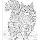 Ein detailliertes Ausmalbild zeigt eine Katze mit kunstvollen Mustern im Fell, die verspielt und fröhlich wirkt.
