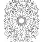 Illustration von symmetrischen Blumen: zentral eine große Blume, umgeben von kleineren Blüten und Blättern.