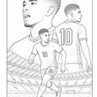 Nummer 10 auf Trikot und Hosen. Illustration eines Fußballspielers im Stadion. Drei Perspektiven: Gesicht, Rücken, laufend.