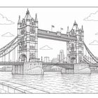 Illustration einer großen Brücke mit zwei Türmen, die über einen Fluss führt. Wolken im Himmel, Laterne am Ufer.