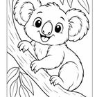 Kleine Koala-Illustration mit großen Augen auf einem Baum, lächelnd, umgeben von Blättern. Keine Texte sichtbar.
