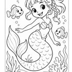 Illustration einer fröhlichen Meerjungfrau mit Zöpfen, umgeben von Fischen, Pflanzen und einem Seestern am Meeresboden.