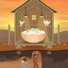 Illustration: Ein Huhn sitzt vor einem Holzhaus auf einer großen Schüssel Reis, darunter graben zwei maskierte Figuren im Boden.