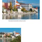 Text: "Passau liegt am Zusammenfluss von Donau, Inn und Ilz."

Bunter Fluss entlang einer historischen Stadtfront.