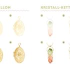 "MEDAILLON" und "KRISTALL-KETTE" oben. Links verzierte Medaillons, rechts Kristalle in sanften Farbverläufen.