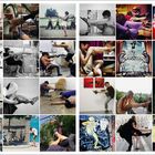 Eine Collage aus verschiedenen Menschen, die in kreativen Posen ihre Beine strecken. Texte wie „NO WAR“ sind zu sehen.