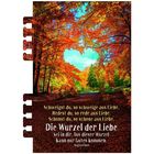 Text: "Die Wurzel der Liebe sei in dir. Aus dieser Wurzel kann nur Gutes kommen. Augustinus." Herbstwald mit Herz.