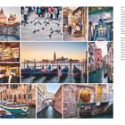 Text: "Venedig". Bilder: Kanäle, Gondeln, historische Gebäude, Tauben, Café-Szene, Markt, Wasserverkehr, Brücke.