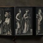 Text: "ALBRECHT DÜRER. Adam und Eva, 1507." Illustration zeigt Adam und Eva nackt mit Äpfeln, in einem Buch dargestellt.