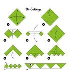 "DIE SCHLANGE": Eine Origami-Anleitung in 10 Schritten, grüne Papierfiguren mit Pfeilen zur Falttechnik.