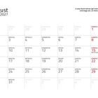 August 2027 Kalenderblatt. Hinweis: "In einer Nacht können Igel mehrere Kilometer unterwegs sein, um Nahrung zu finden."