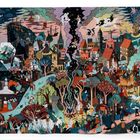 Detailreiche Illustration einer mittelalterlichen Stadtlandschaft mit fantastischen Wesen, Hexen und szenischen Aktivitäten.